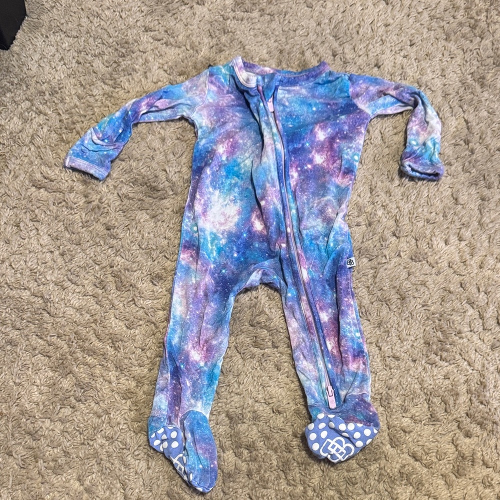Galaxy-Print Footed One-Piece Pajama - Purple & Blue